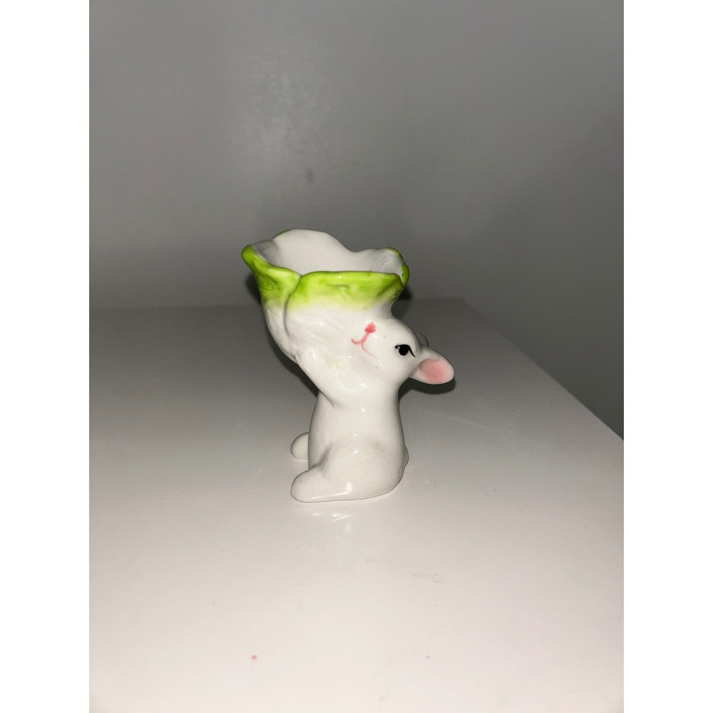 Vintage Ceramic Bunny Rabbit Egg Cup Cabbage Leaf Toothpick Holder Easter Decor